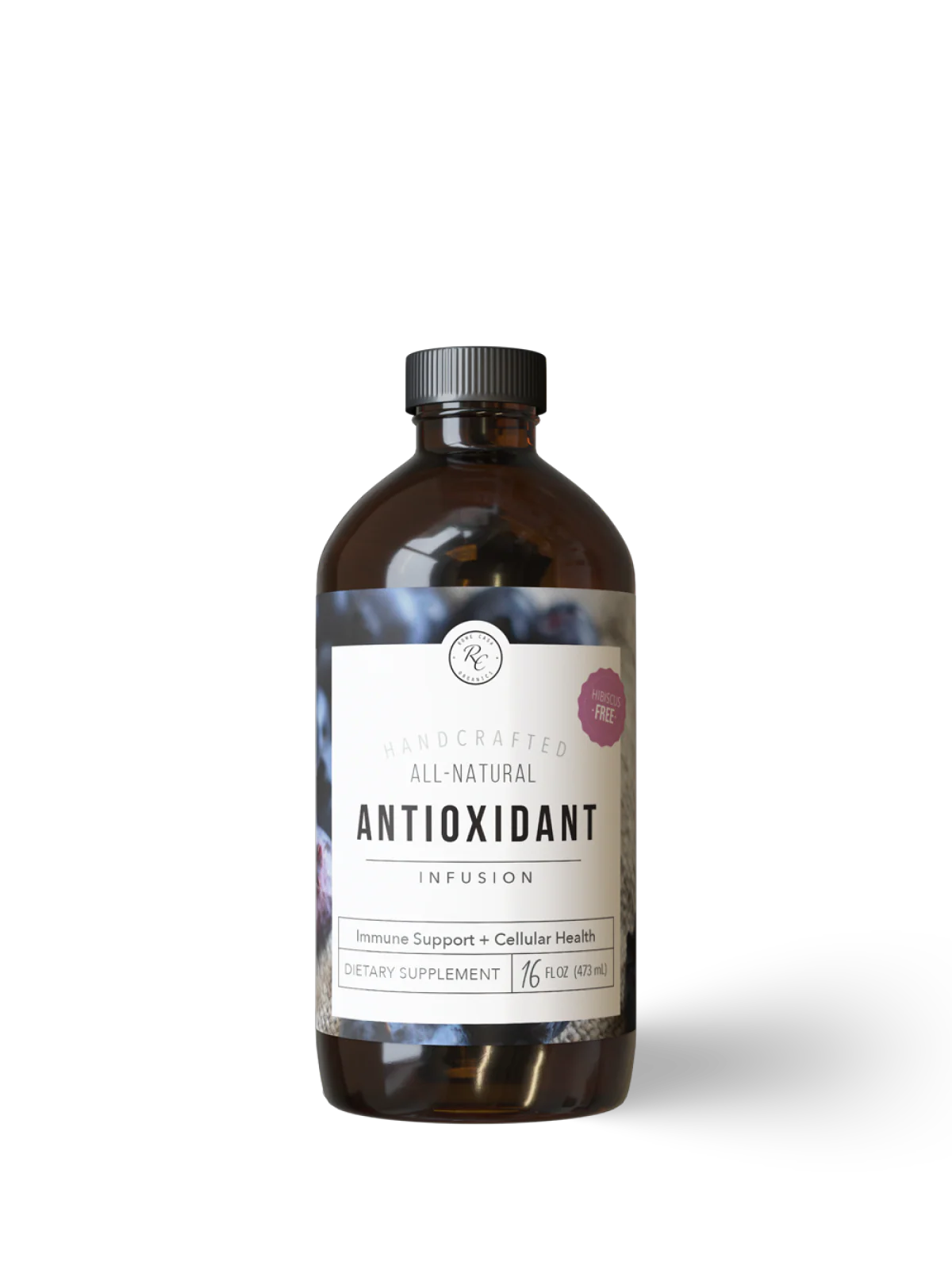 Brown glass bottle of 'Antioxidant Infusion' on a white background