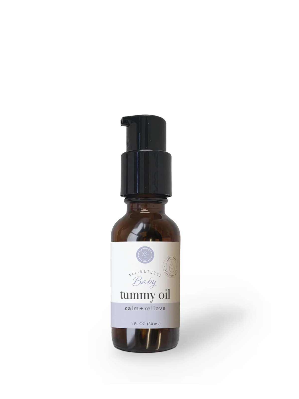 Bottle of tummy oil with a pump on a white background