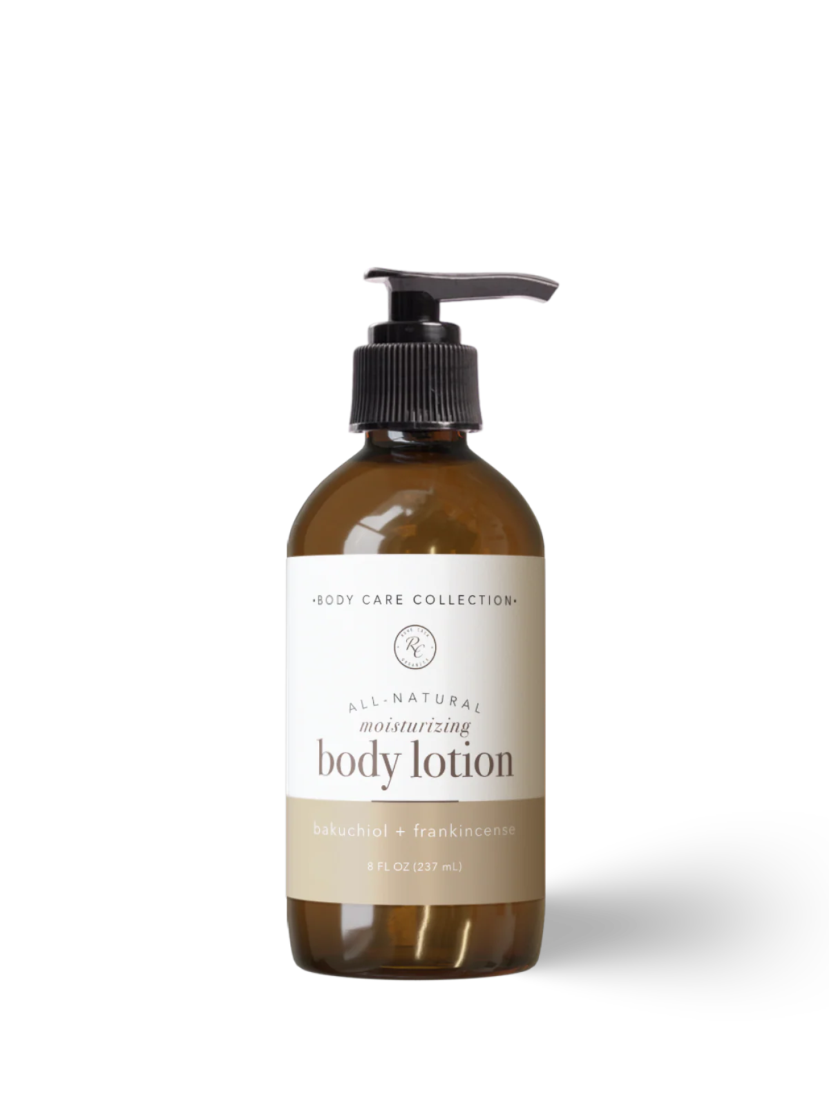 Brown bottle of body lotion with pump on a white background