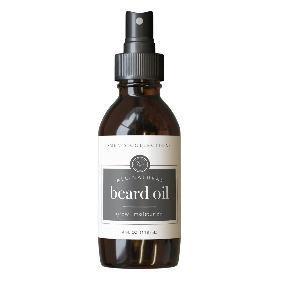 Bottle of all-natural beard oil with a spray cap on a white background