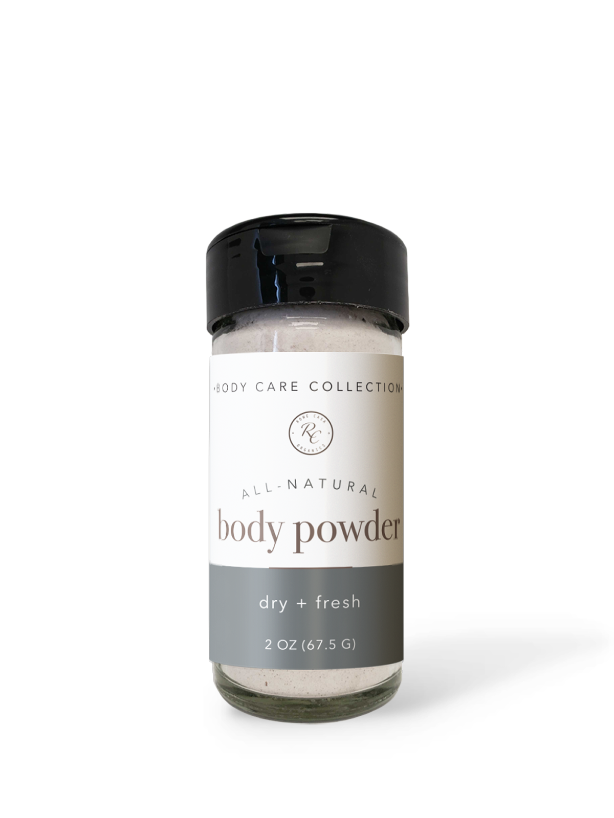 Jar of body powder with a black lid on a white background