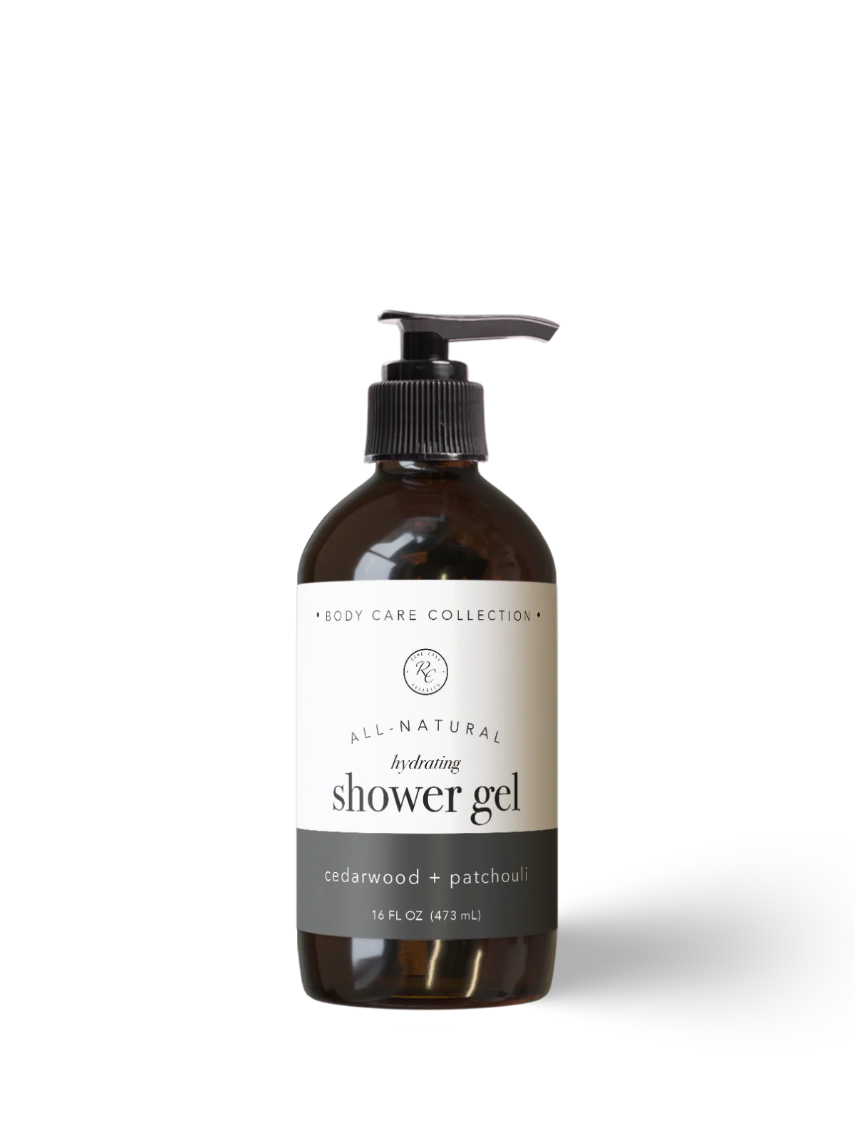 All-natural shower gel bottle with a pump on a white background