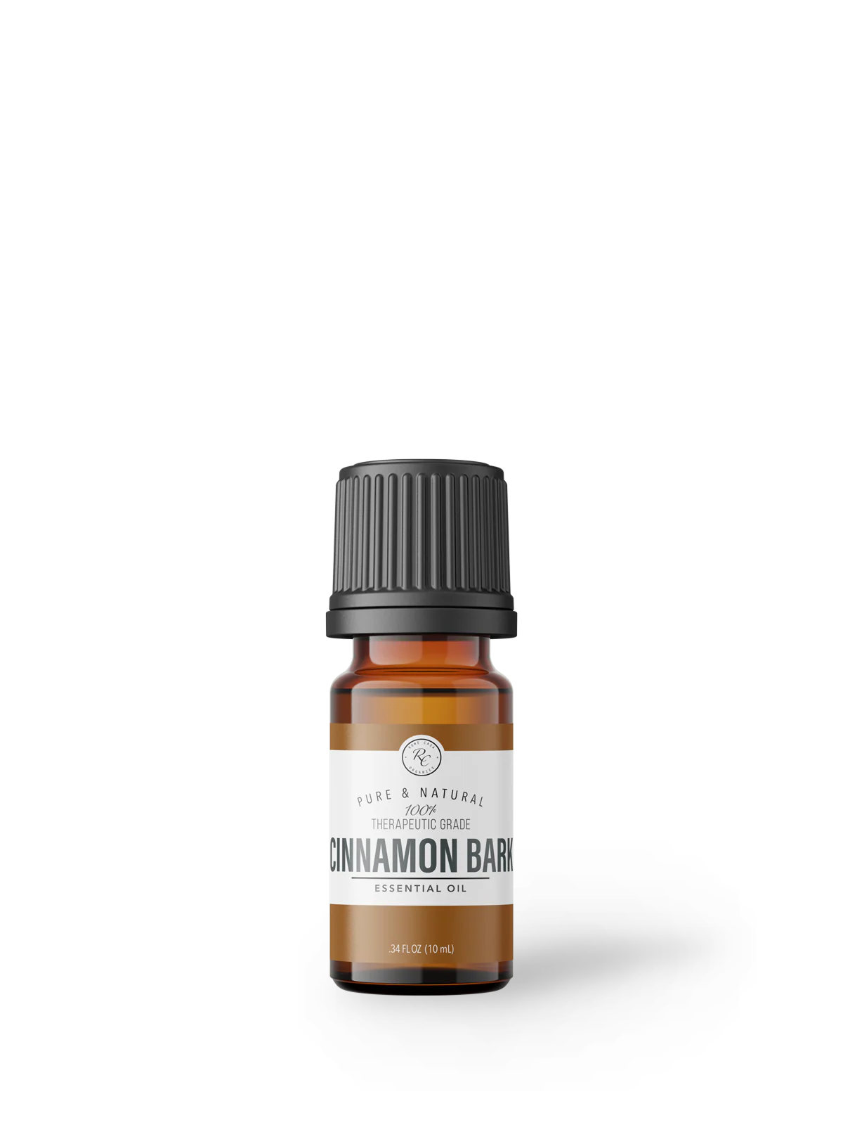 Essential oil bottle labeled 'Cinnamon Bark' on a white background
