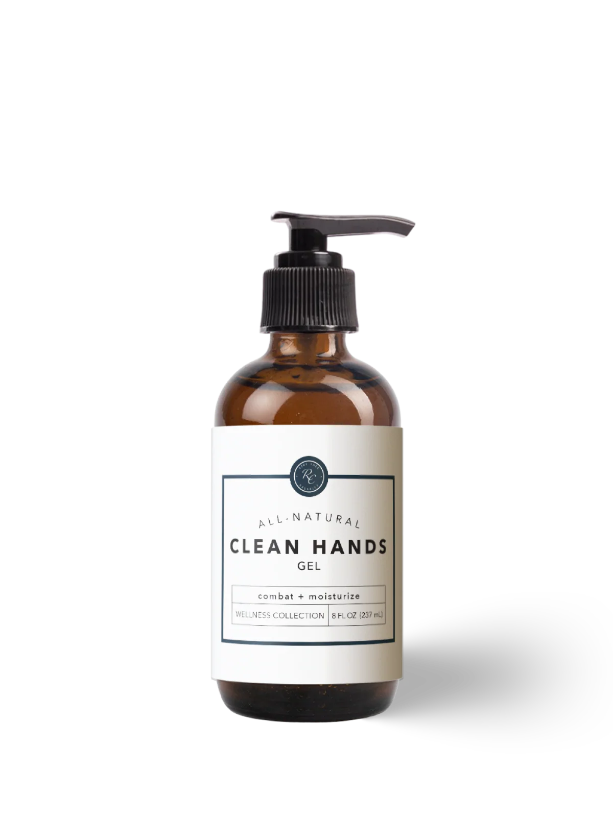 Brown bottle of all-natural clean hands gel on a white background