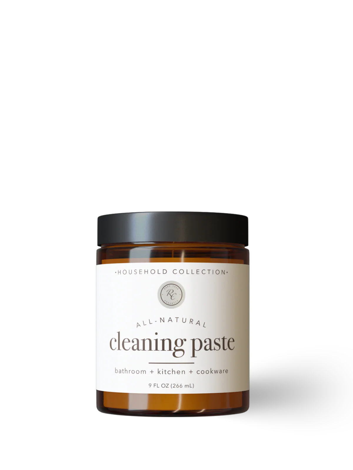 Jar of all-natural cleaning paste with a white label on a white background