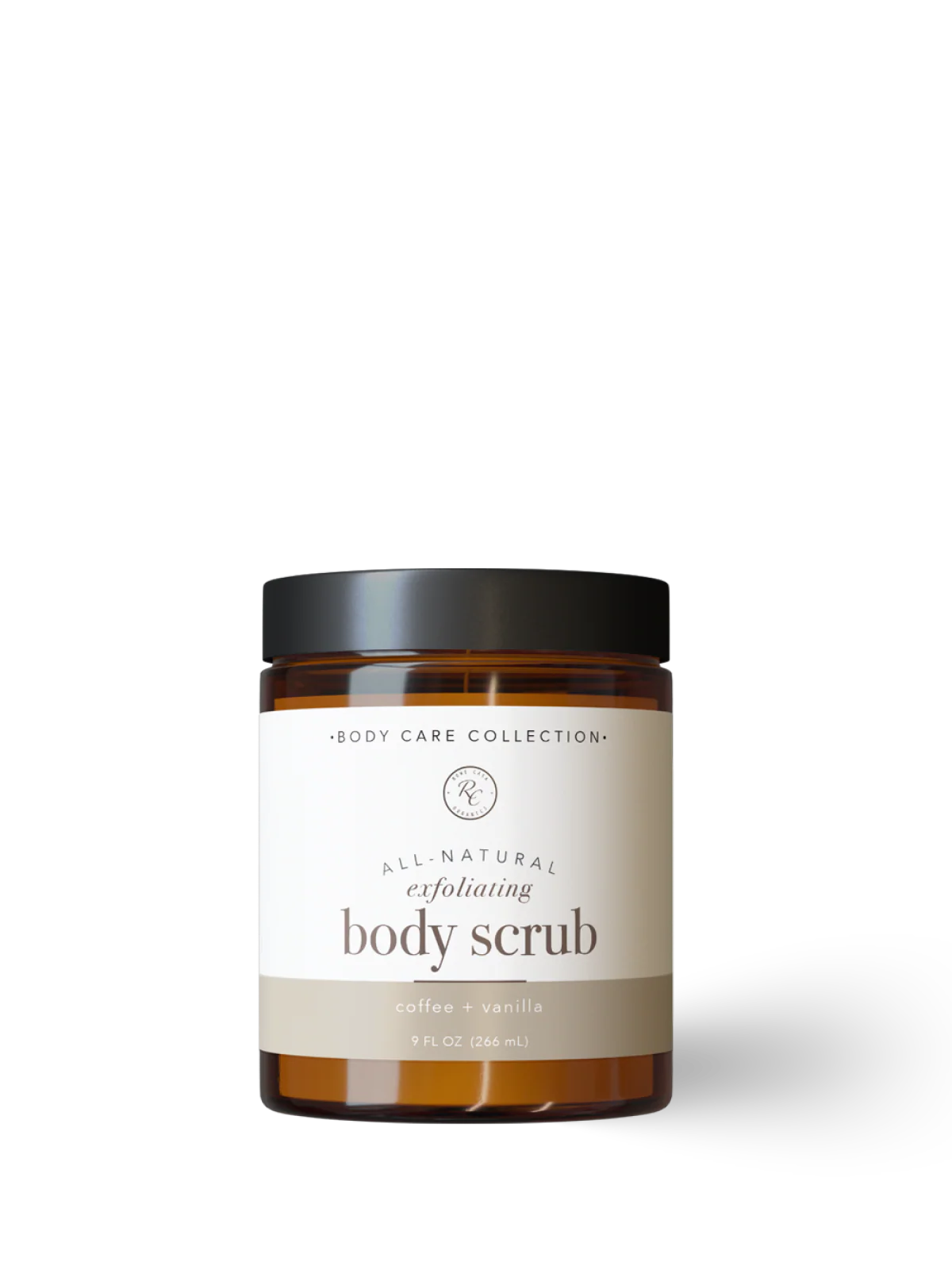 Jar of all-natural exfoliating body scrub on a white background