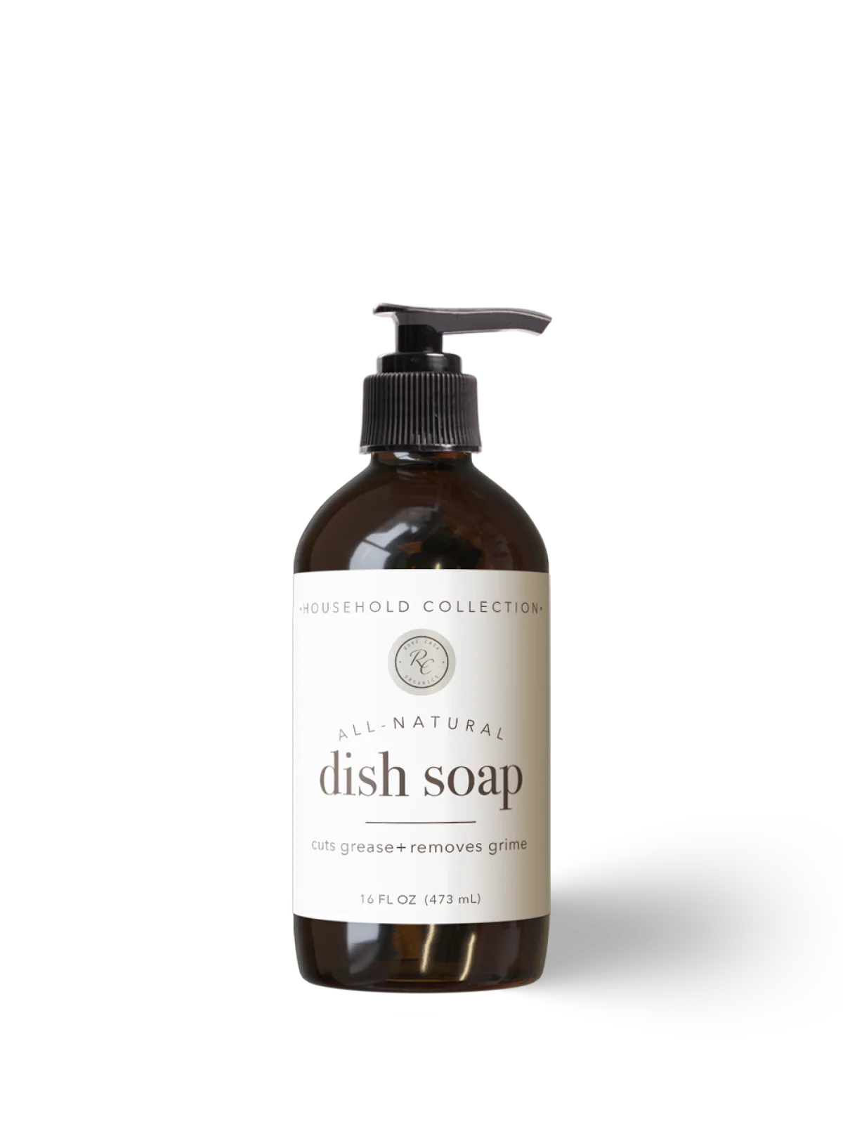 Bottle of all-natural dish soap on a white background