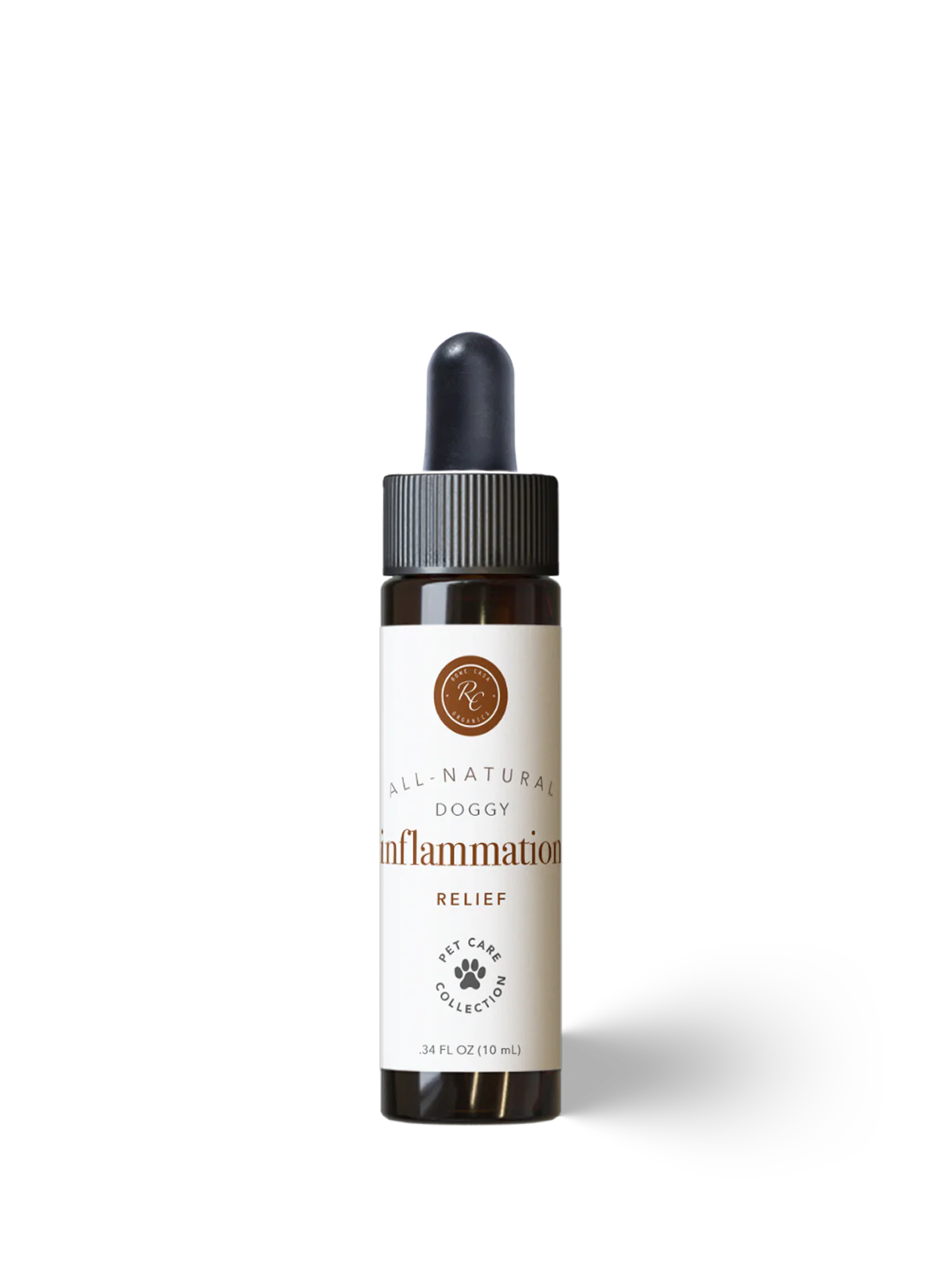 Bottle of Rowe Casa's All Natural Inflammation Relief Pet Care Oil with a dropper on a white background