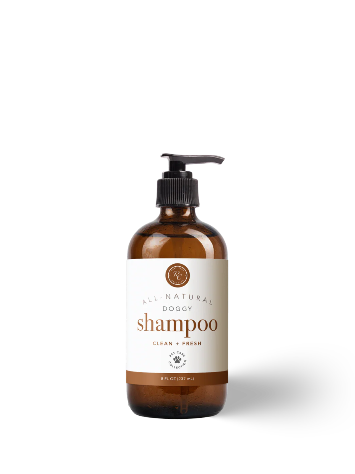Bottle of all-natural dog shampoo on a white background
