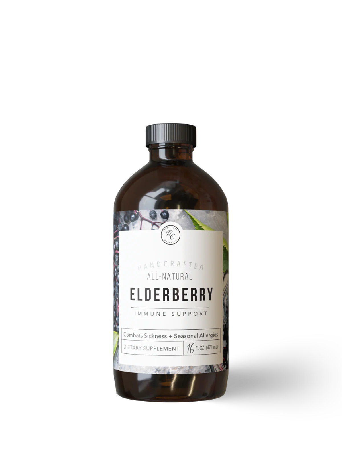 Bottle of all-natural elderberry immune support supplement on a white background