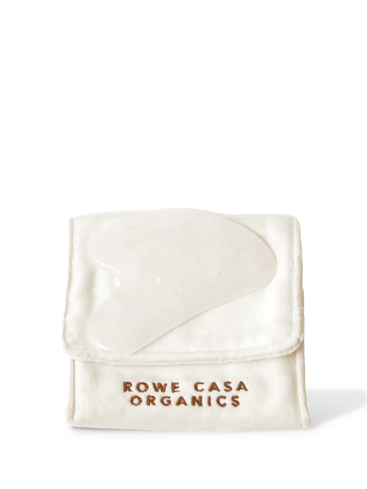 Folded white pocket with 'Rowe Casa Organics' with white gua sha stone branding on a white background