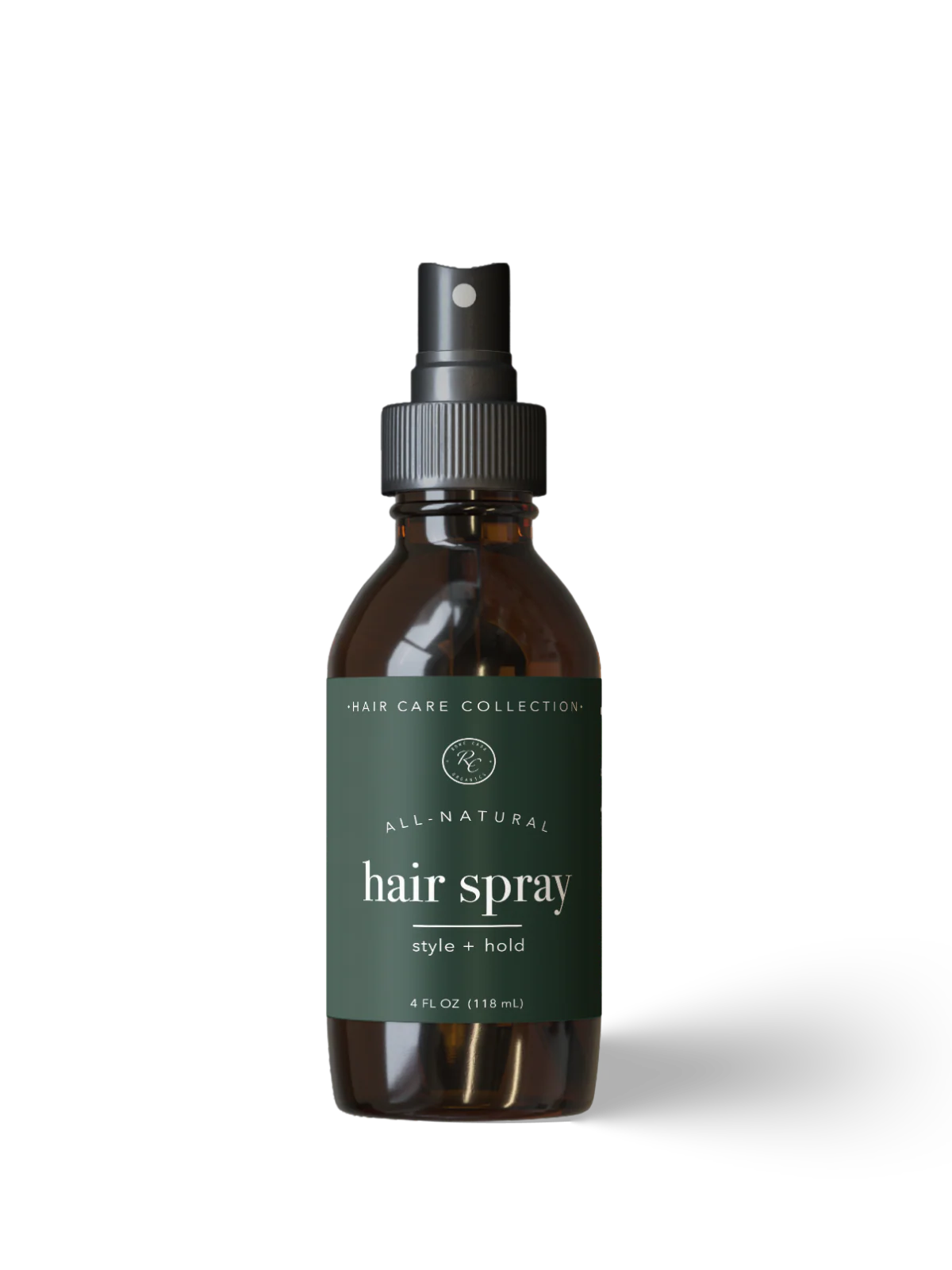 Brown bottle of all-natural hair spray with a green label on a white background