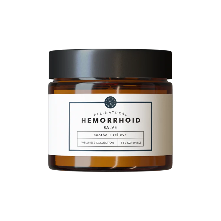 A jar of Rowe Casa Hemorrhoid Salve with a label that reads 'ALL NATURAL HEMORRHOID SALVE' and indicates the product is part of a 'Wellness Collection'. The jar contains 1 oz of the salve.