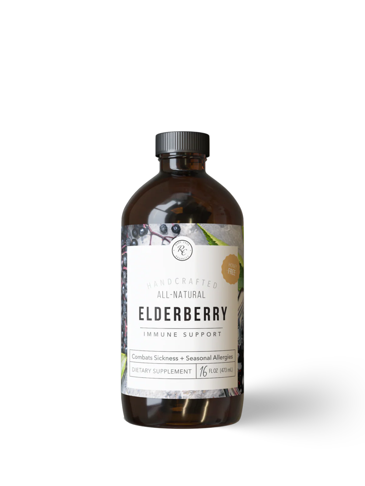 Bottle of elderberry immune support supplement on a white background