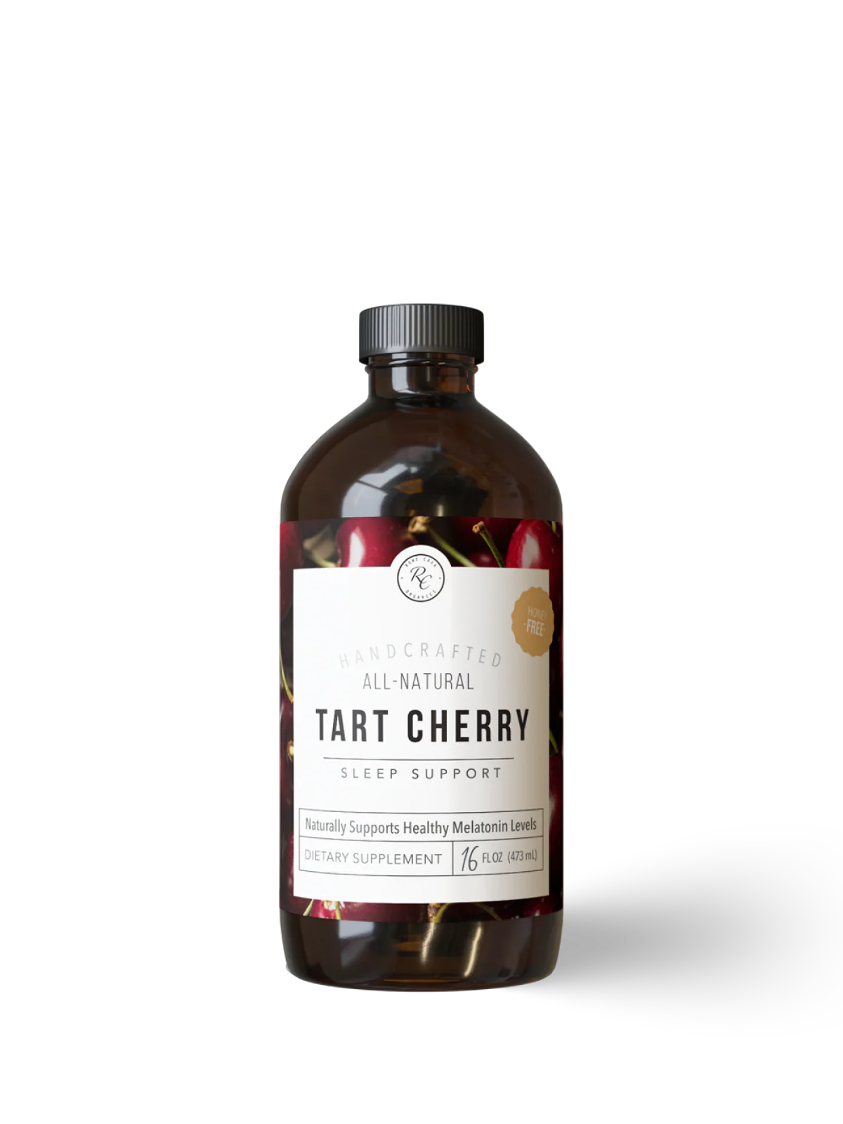 Bottle of honey free tart cherry supplement on a white background