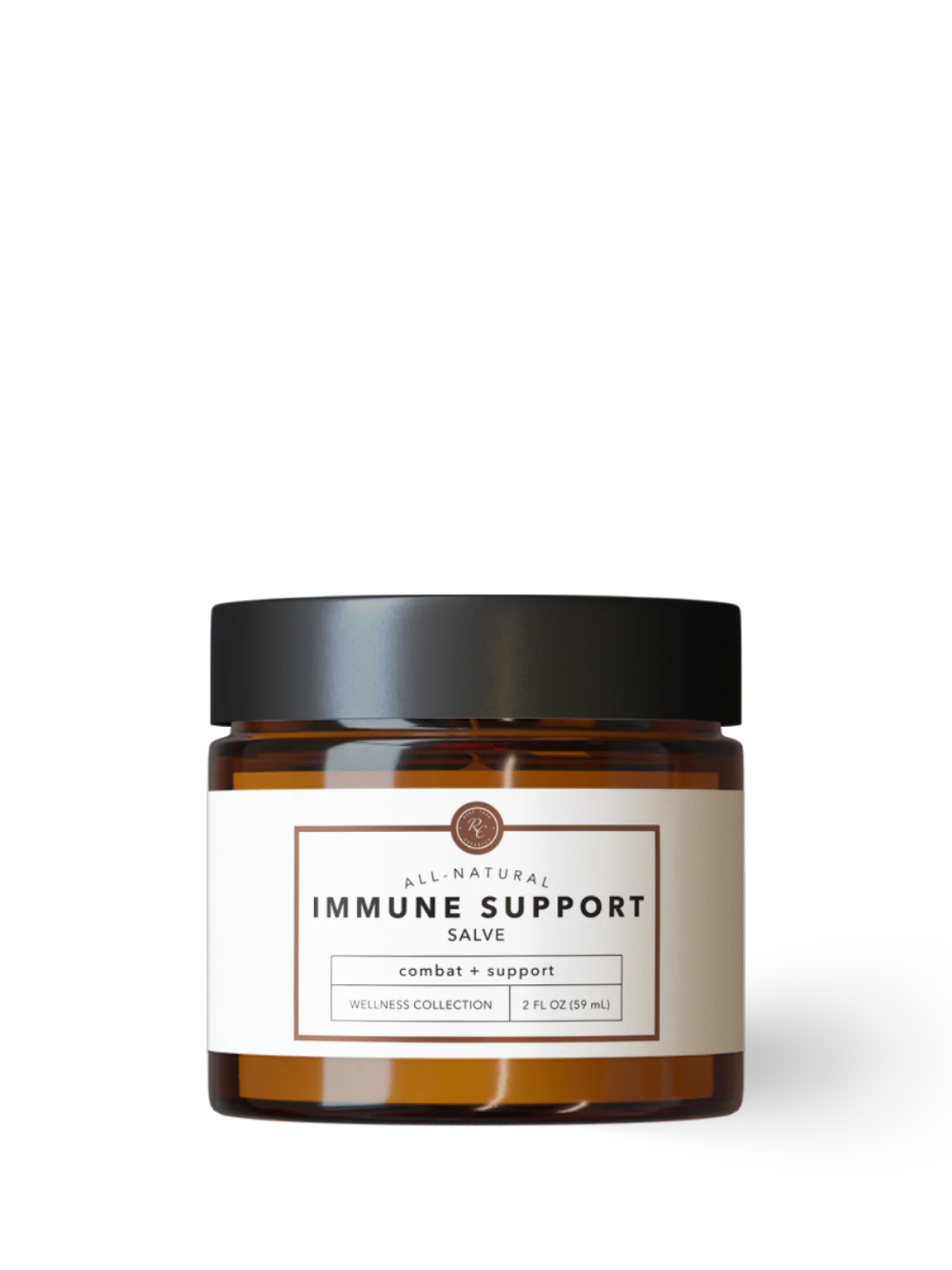 Jar of immune support salve with a black lid on a white background