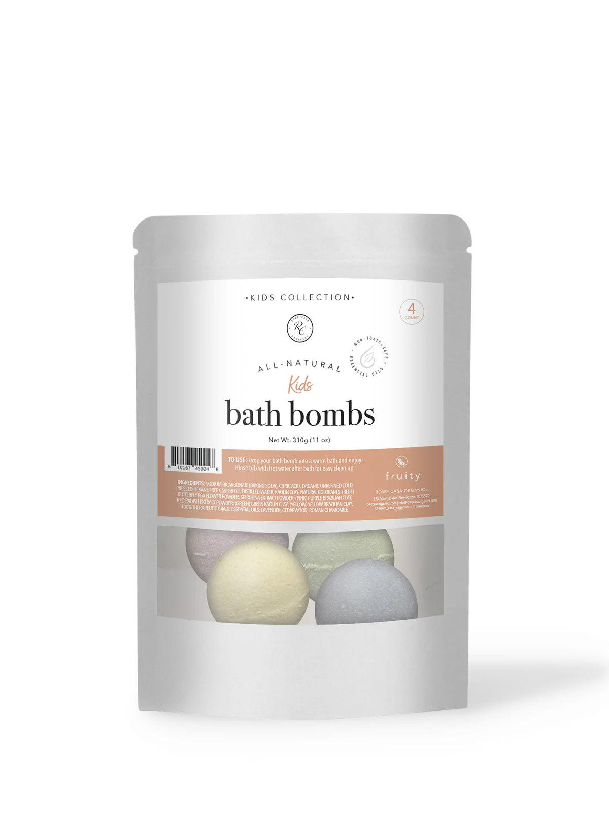 Pack of bath bombs with a kids label on a white background