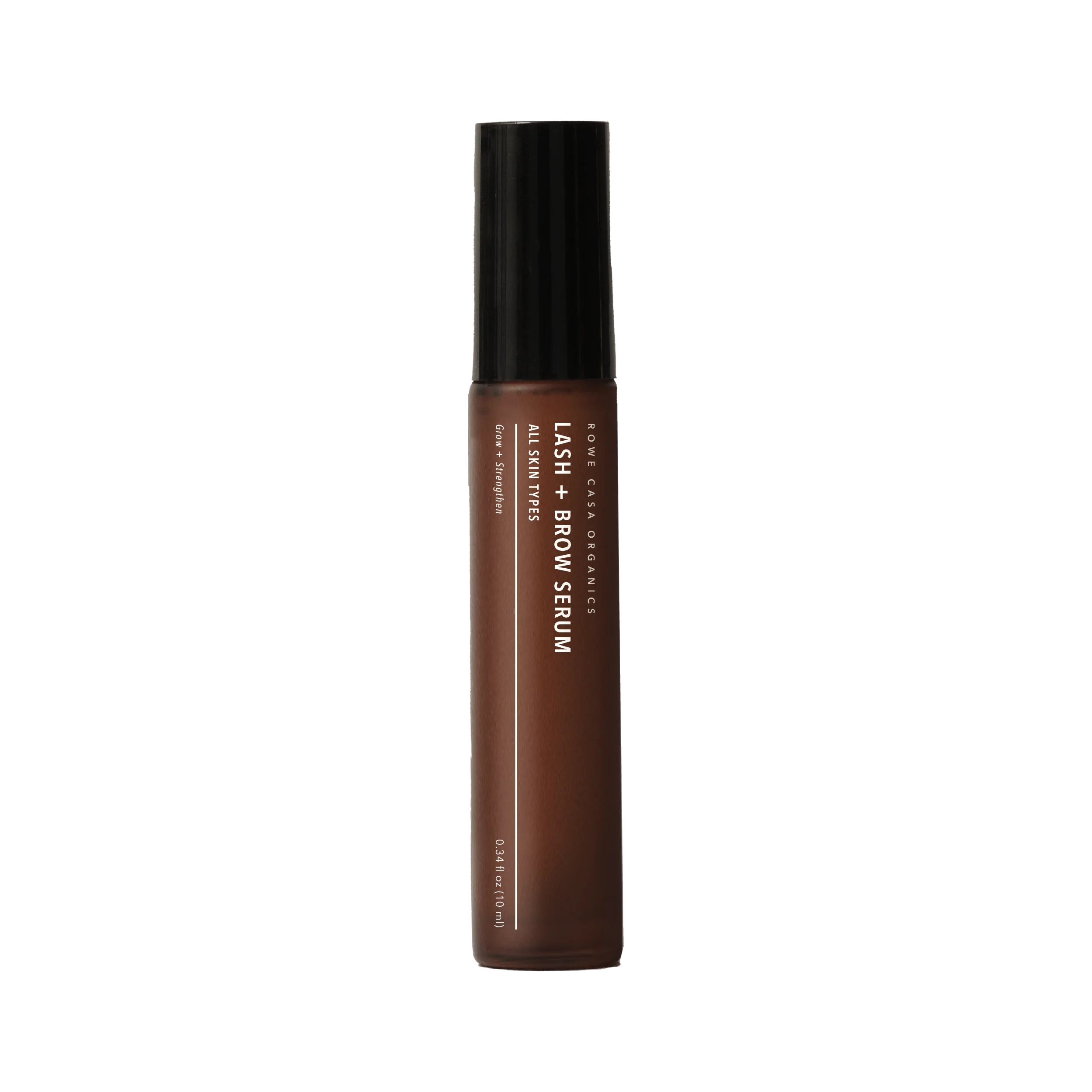 Brown lash and brow serum bottle with black cap on a white background