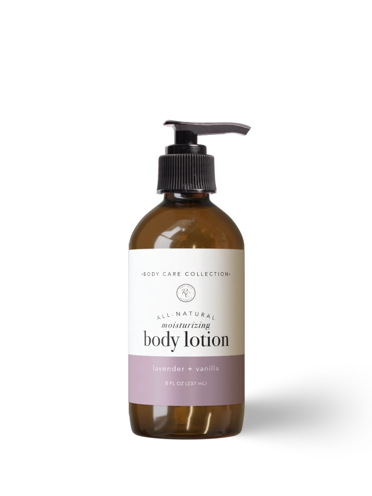 Brown bottle of body lotion with a label on a white background