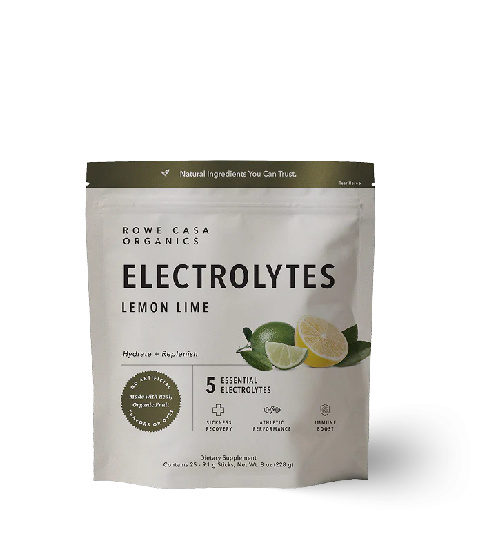Packaging of Rowe Casa Organics Electrolytes Lemon Lime on a white background