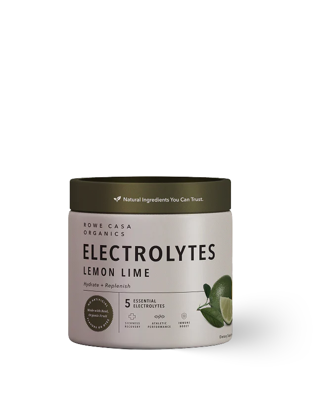 Container of Rowe Casa Organics Electrolytes Lemon Lime on a white background