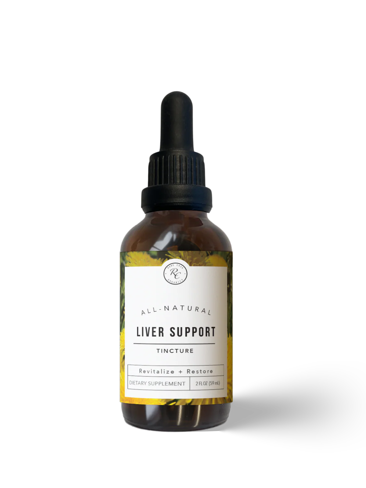 Bottle of all-natural liver support tincture on a white background