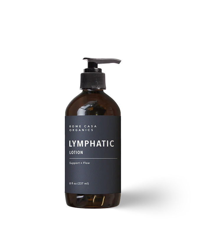 Brown bottle of Lymphatic lotion with a black label on a white background