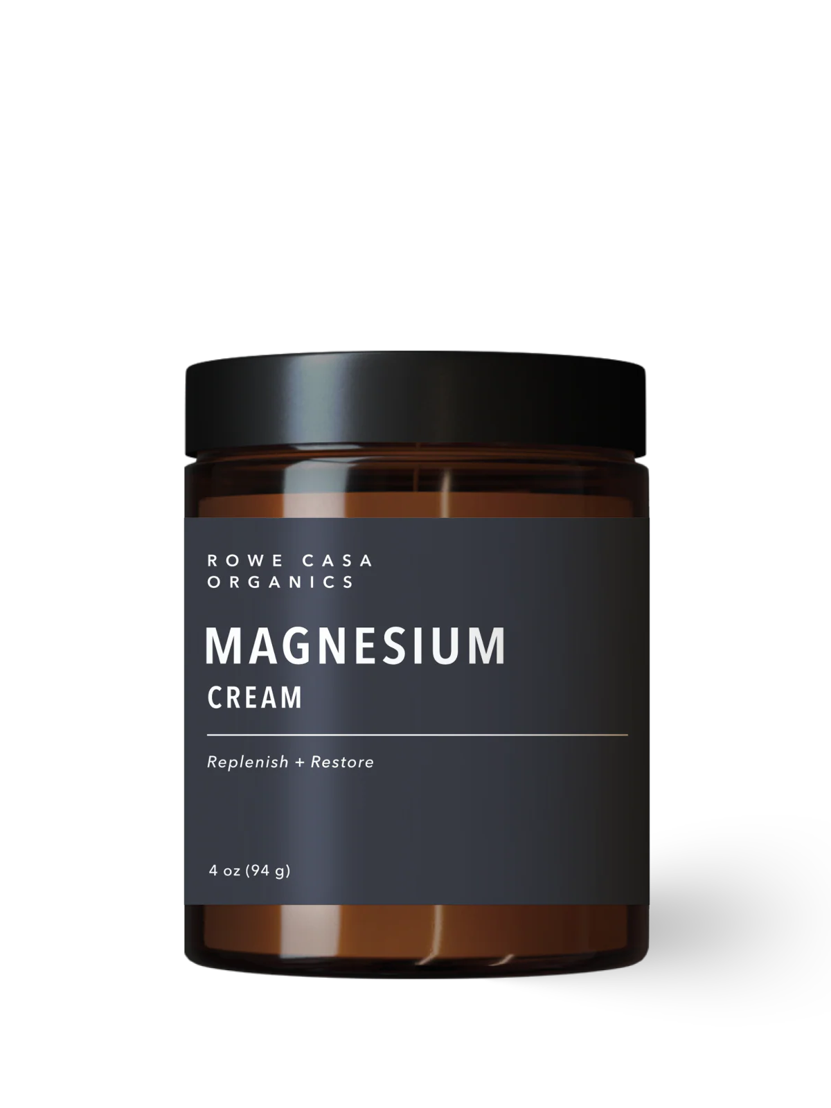 Jar of magnesium cream with a black lid on a white background