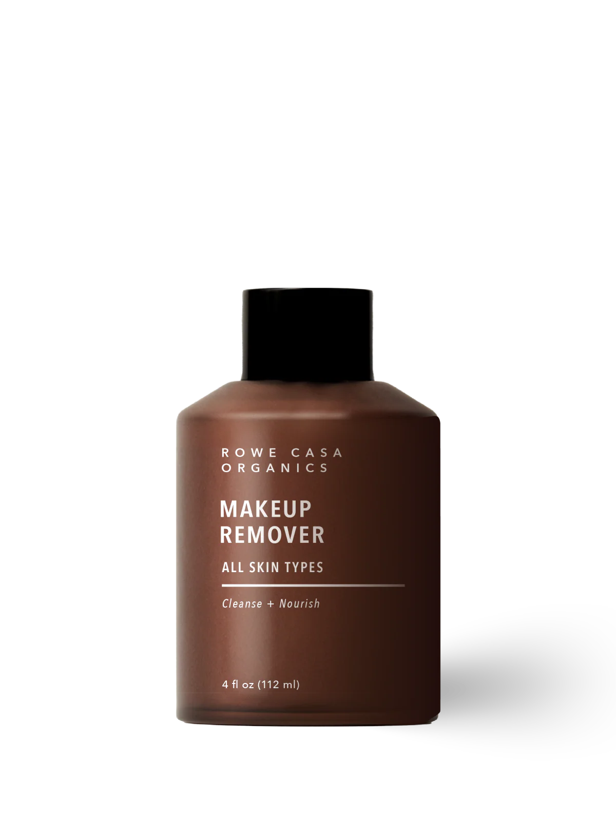 Brown bottle of makeup remover with black cap on a white background