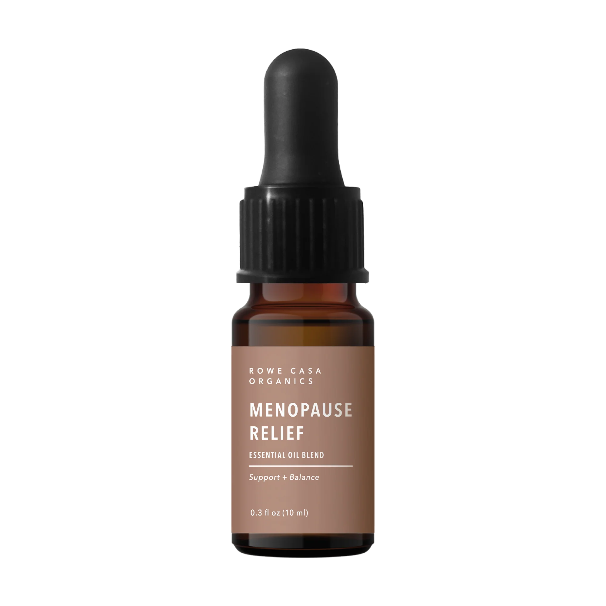 Menopause Relief essential oil blend bottle with dropper on a white background