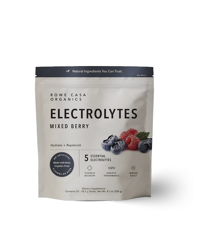 Rowe Casa Organics Electrolytes Mixed Berry package on a white background