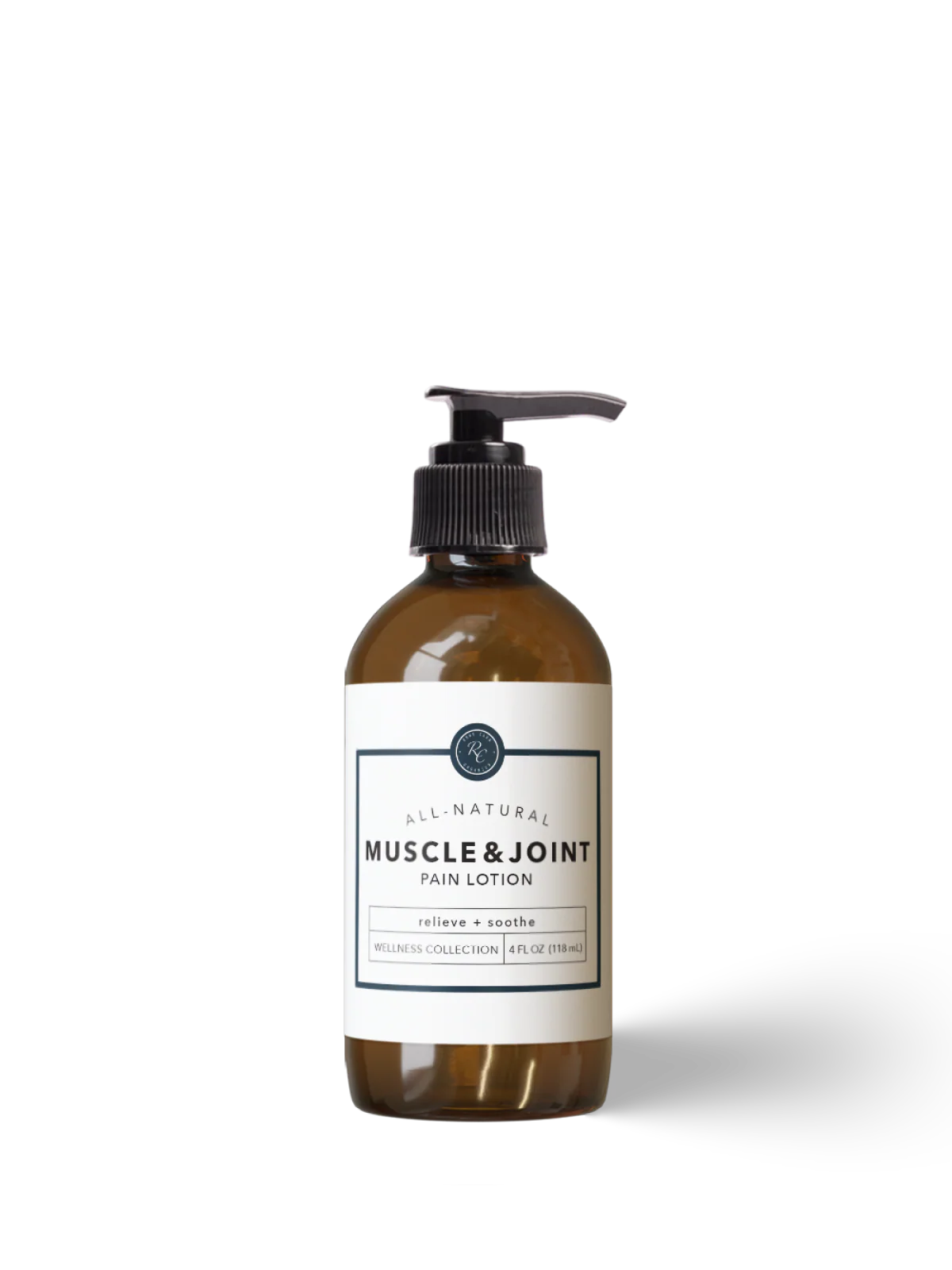 Bottle of muscle and joint pain lotion on a white background