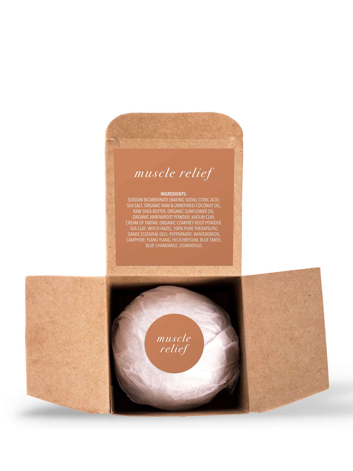 Bath bomb labeled 'muscle relief' in an open cardboard box on a white background