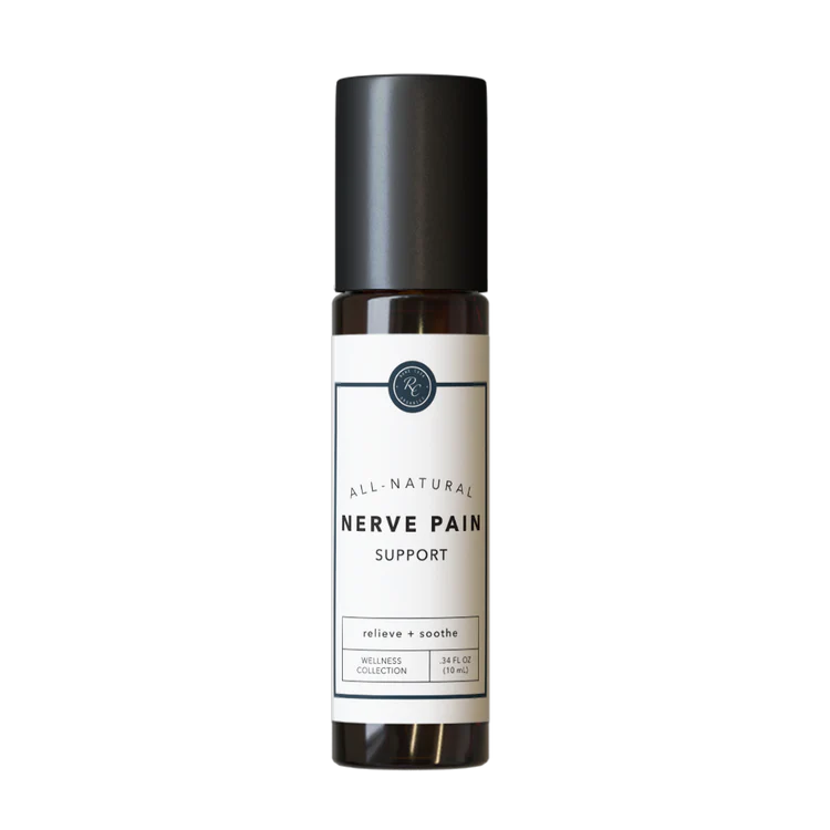 A 10 ml roller bottle of Rowe Casa Nerve Pain Support essential oil blend.