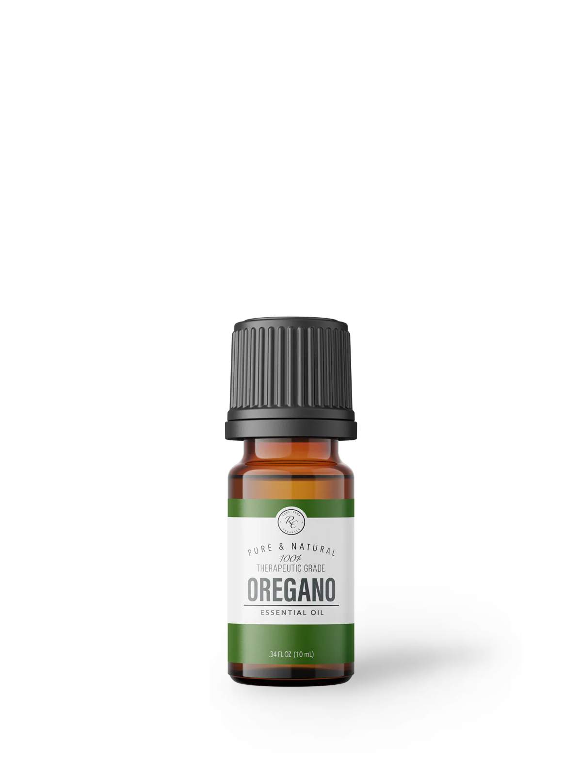 Oregano essential oil bottle on a white background