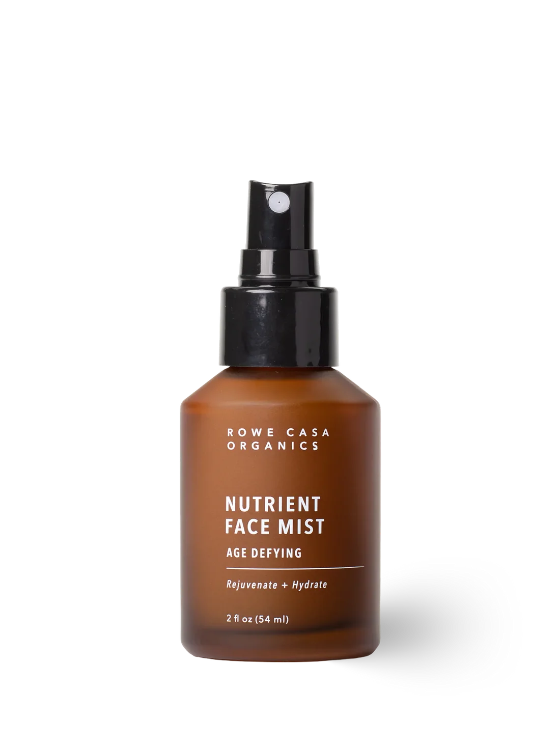 A bottle of Rowe Casa Organics Nutrient Face Mist in an amber brown glass bottle with a black spray nozzle, shown on a clean white background.