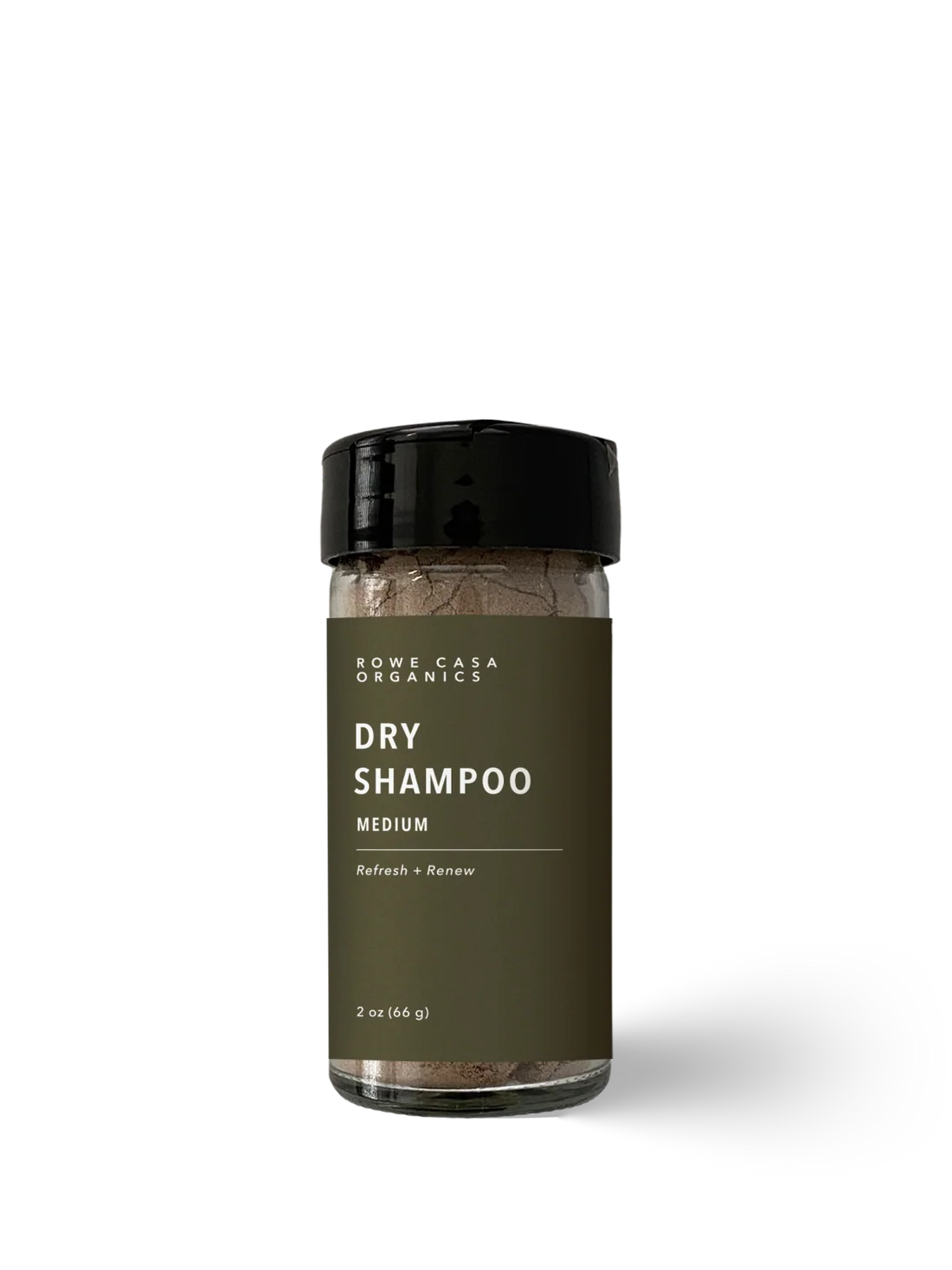 A bottle of Rowe Casa Organics Dry Shampoo in the Medium shade, featuring a dark olive green label and a black cap, set against a plain white background with a soft shadow.