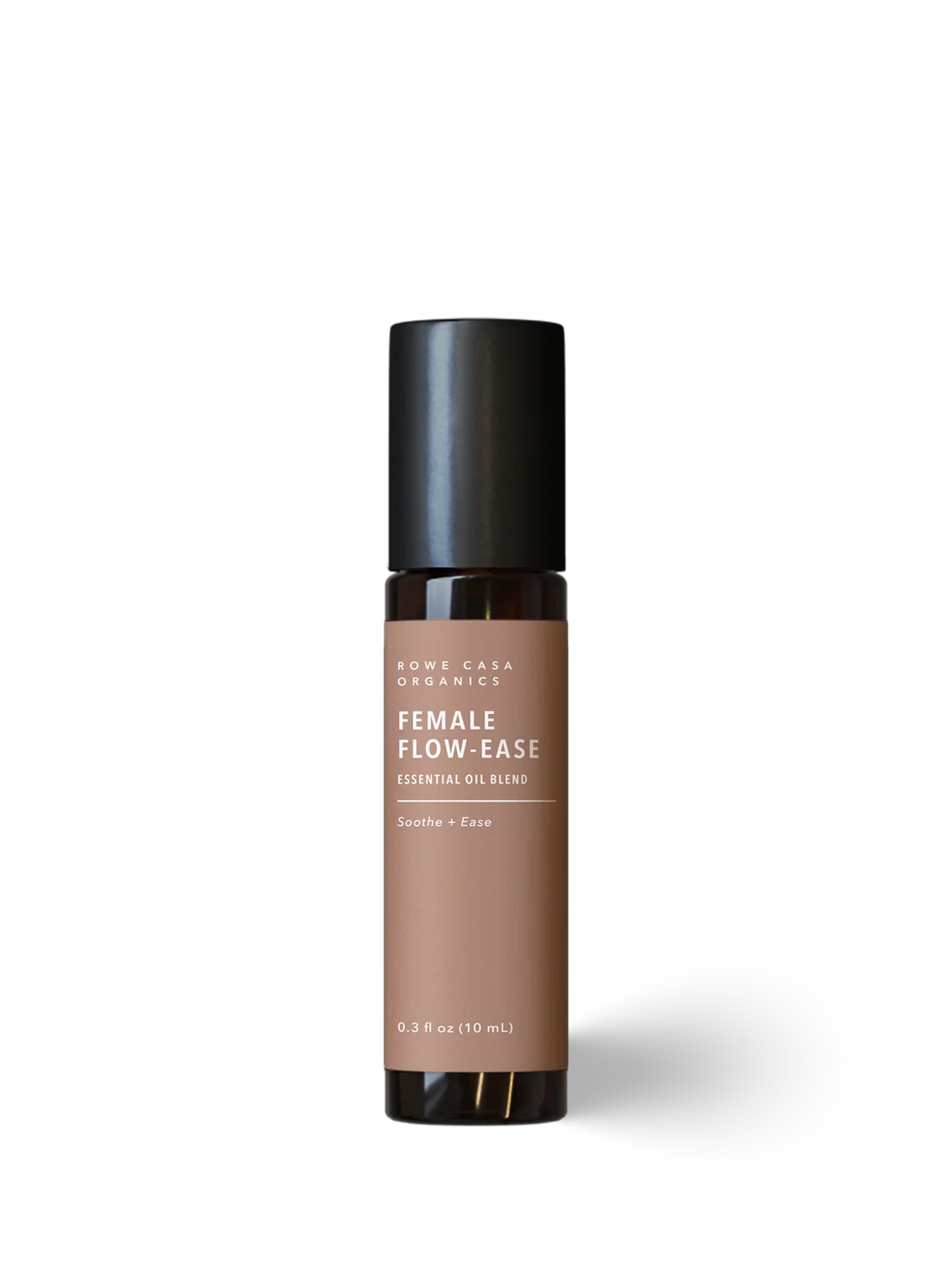 A bottle of Rowe Casa Organics Female Flow-Ease essential oil blend on a clean white background. The bottle has a black cap, a dark amber glass body, and a brown label with white text.