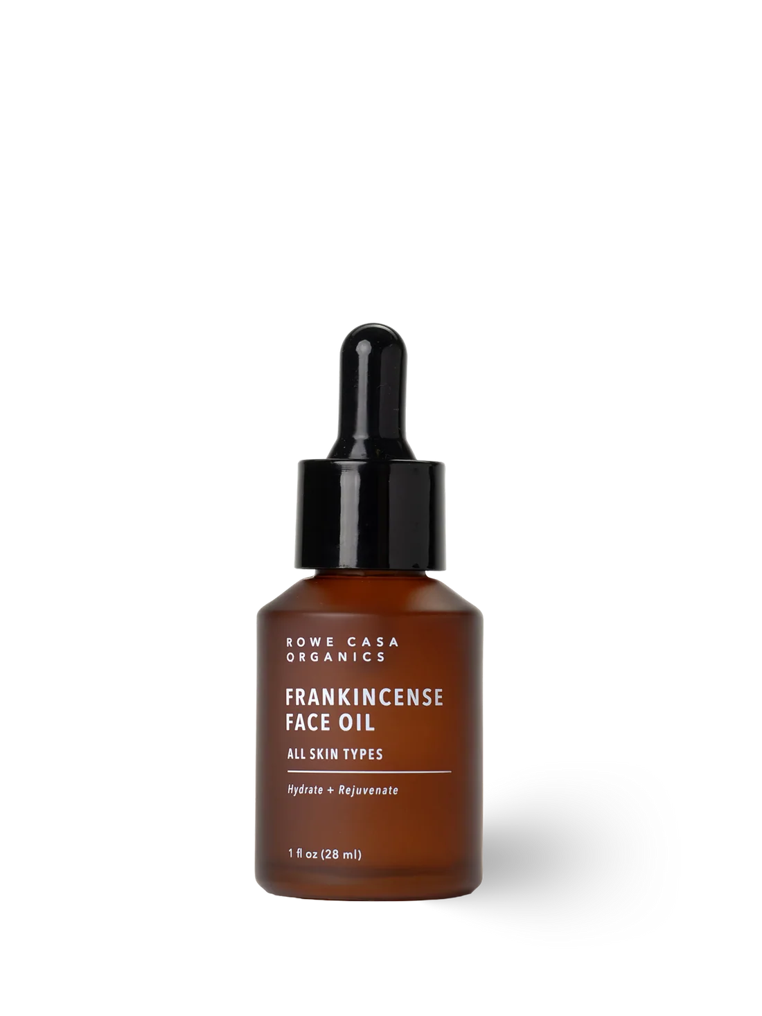 A 1 fl oz amber glass dropper bottle of Rowe Casa Organics Frankincense Face Oil on a clean white background.