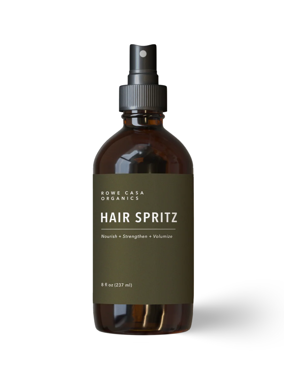 A 8 oz amber glass spray bottle of ROWE CASA ORGANICS Hair Spritz with a dark olive green label and black spray nozzle, set against a clean white background with a soft shadow.