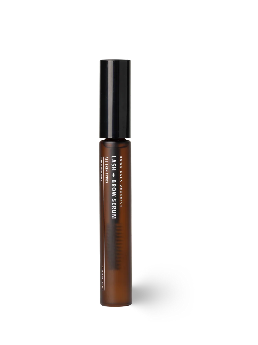 A single bottle of Lash + Brow Serum by Rowe Casa Organics, featuring a dark amber glass bottle and a black cap, set against a plain white background with a soft shadow.