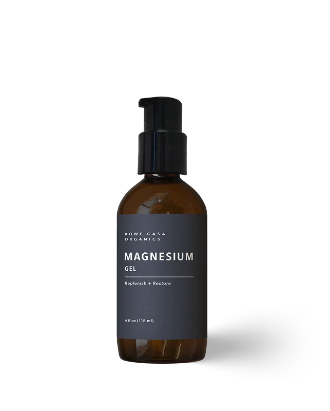 A bottle of Rowe Casa Organics Magnesium Gel with a black pump dispenser and a dark gray label, set against a plain white background.