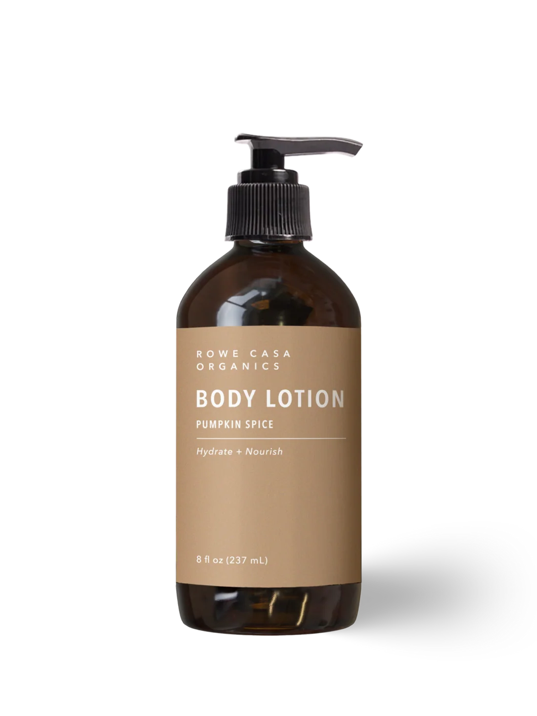 A 8 fl oz pump bottle of Rowe Casa Organics Body Lotion in Pumpkin Spice, featuring a dark amber glass bottle and a tan label with a black pump dispenser, set against a plain white background.