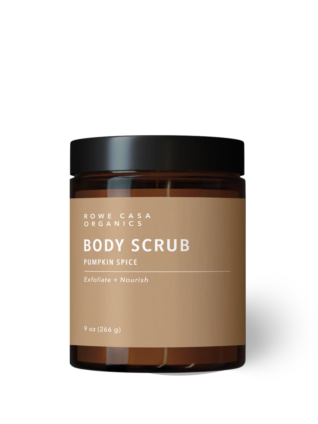 A jar of Rowe Casa Organics Body Scrub in Pumpkin Spice, featuring a black lid and a tan label on an amber glass jar, set against a plain white background.