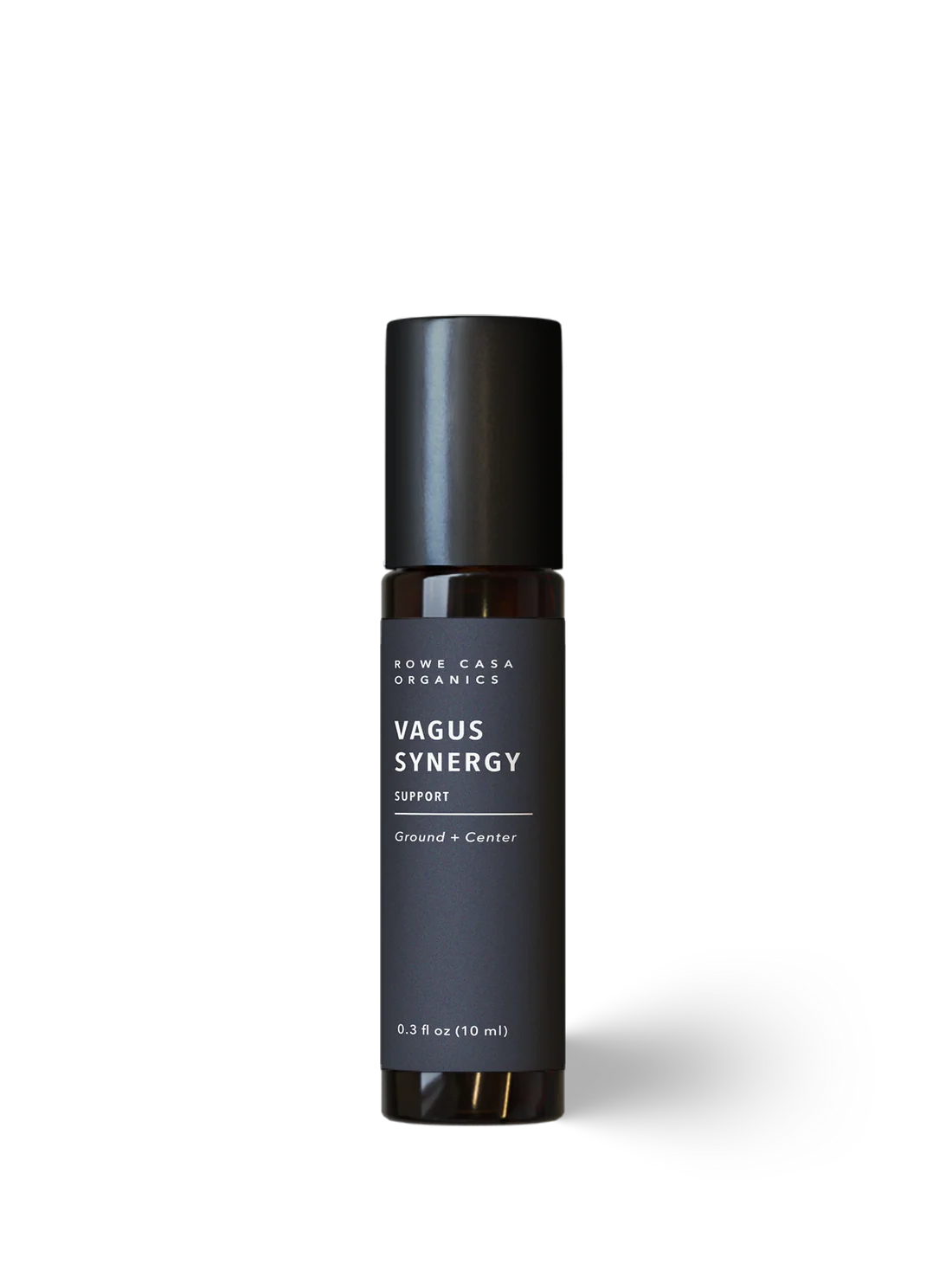 A single bottle of Rowe Casa Organics Vagus Synergy Roll On on a clean white background with a soft shadow.