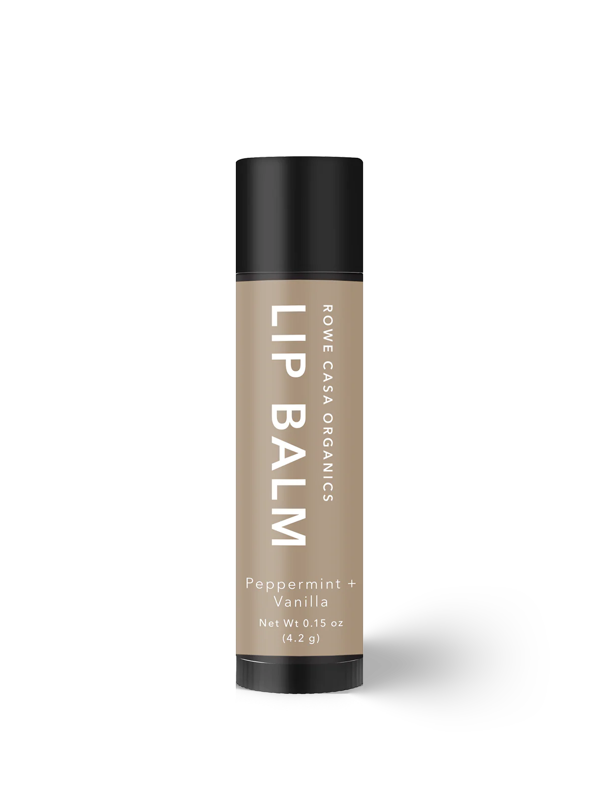 Peppermint and vanilla lip balm in a black container on a white background 