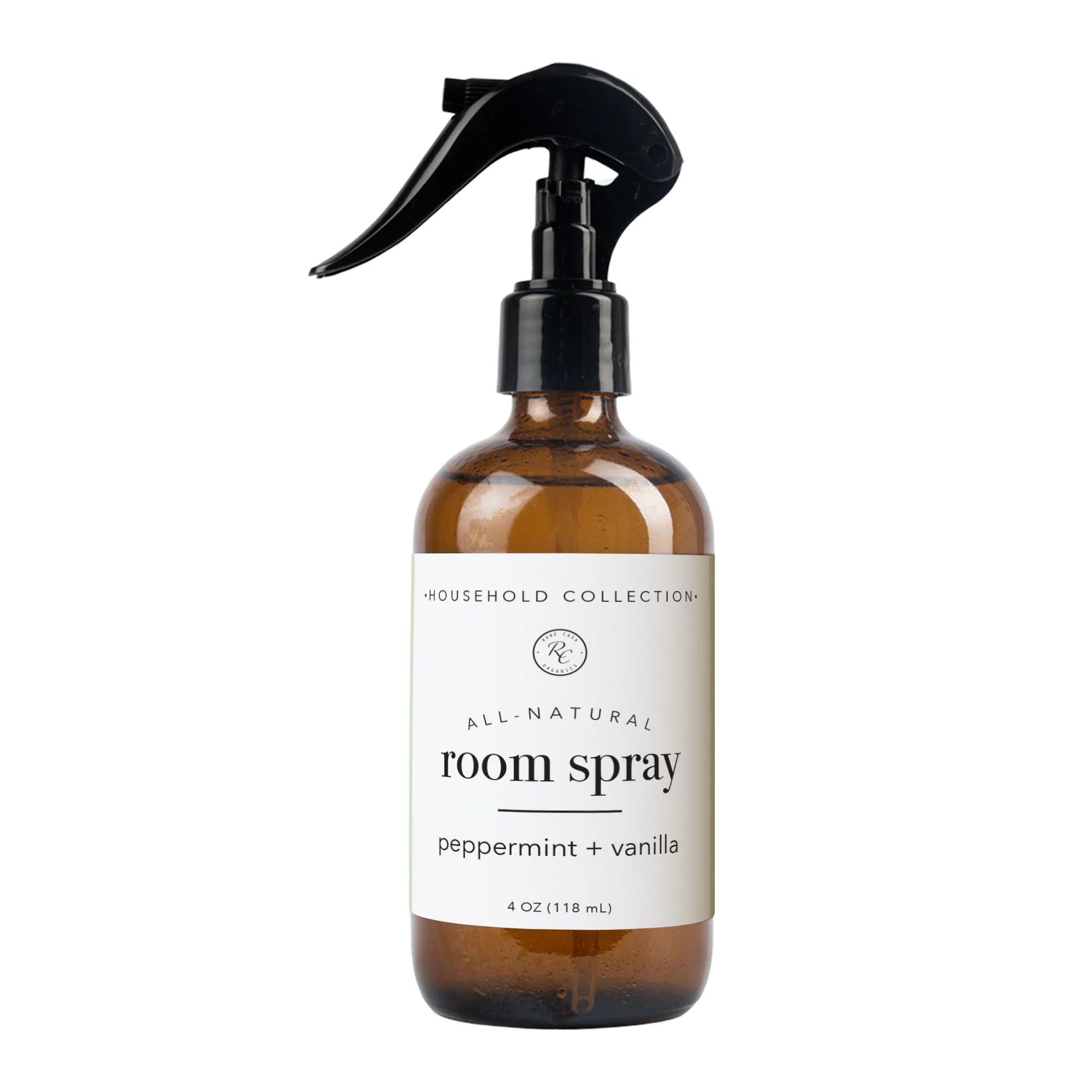 Brown glass room spray bottle with black sprayer on a white background