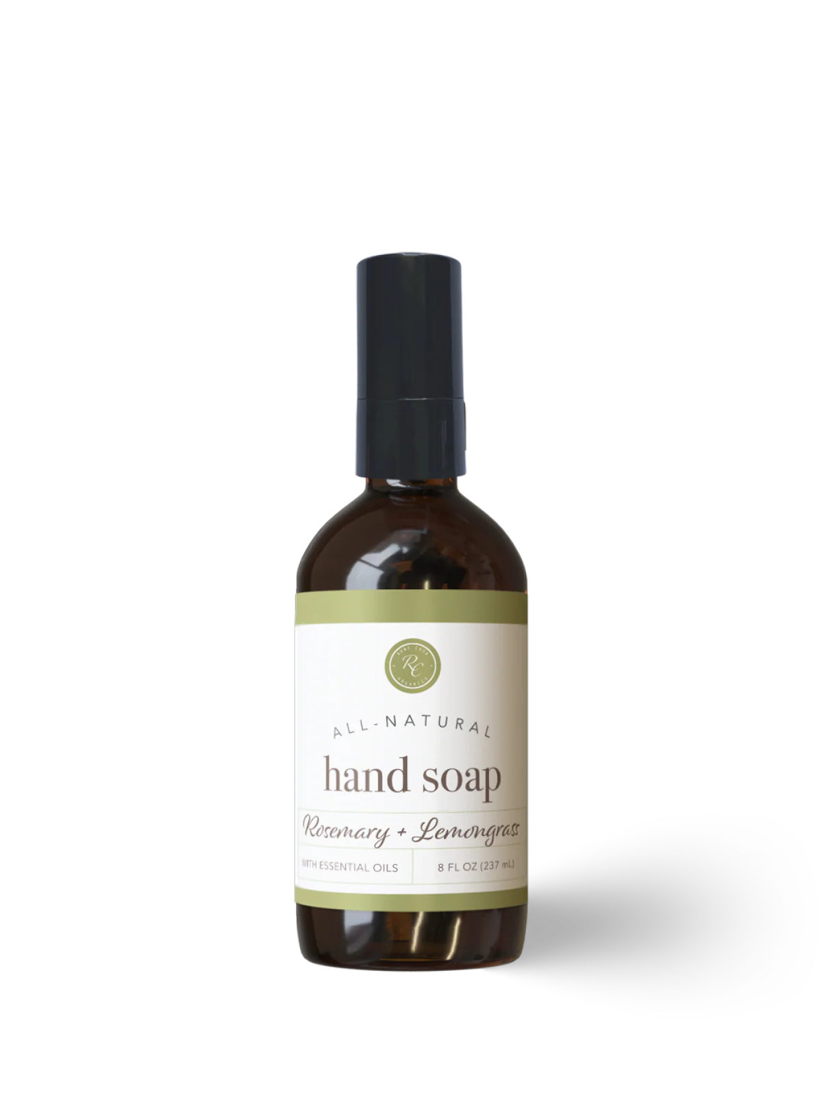 Bottle of all-natural hand soap with a label on a white background