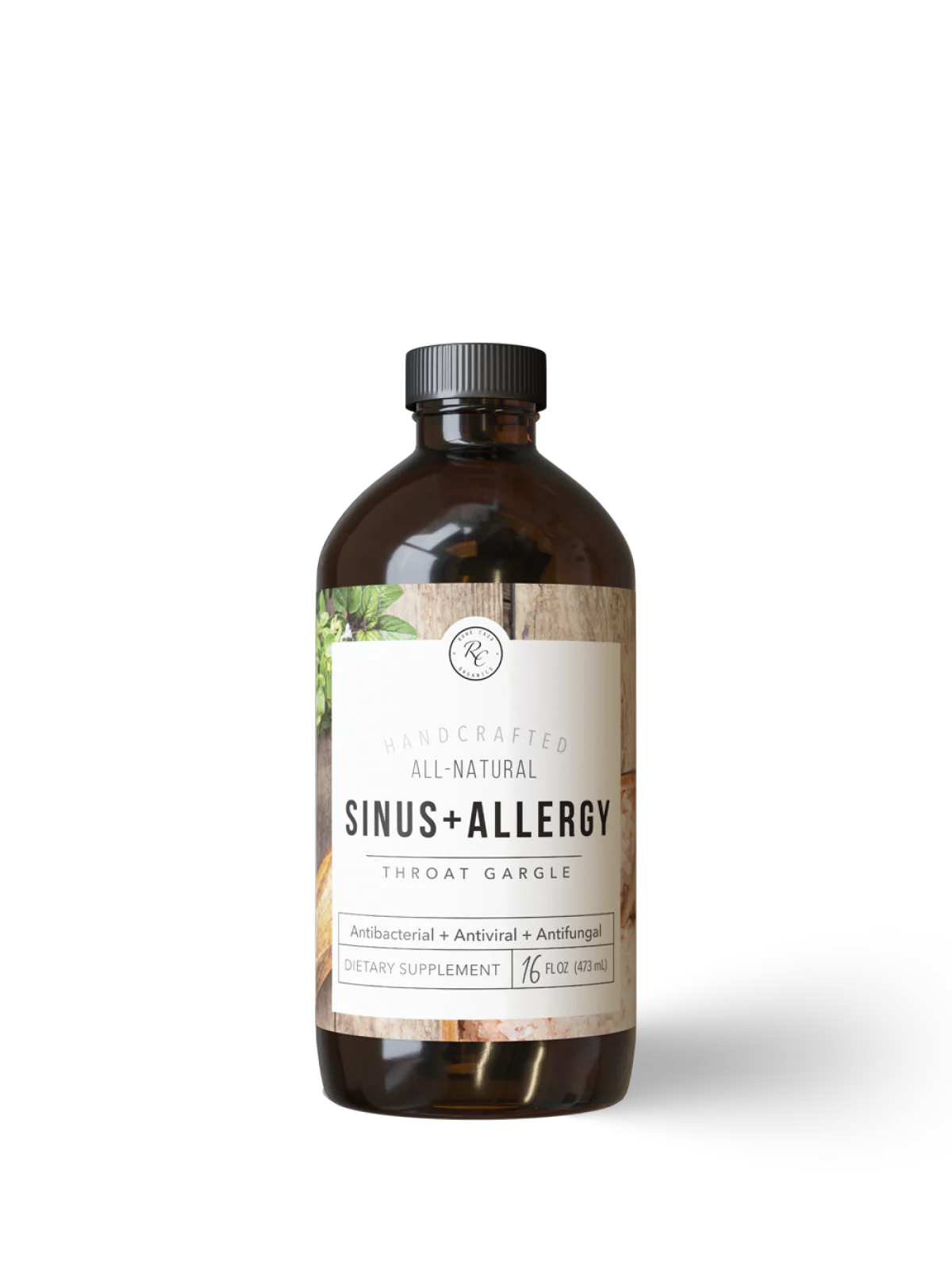 Bottle of sinus and allergy remedy with a label on a white background