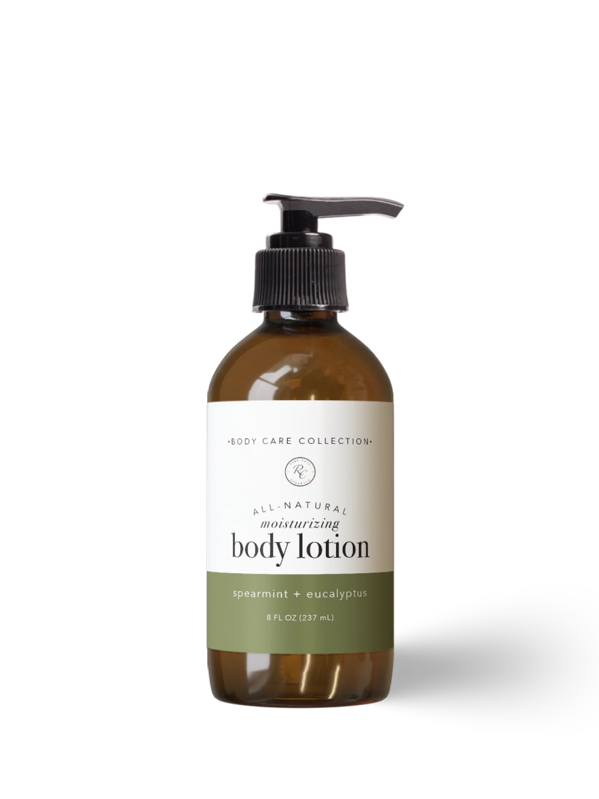 Brown bottle of all-natural moisturizing body lotion with pump on a white background
